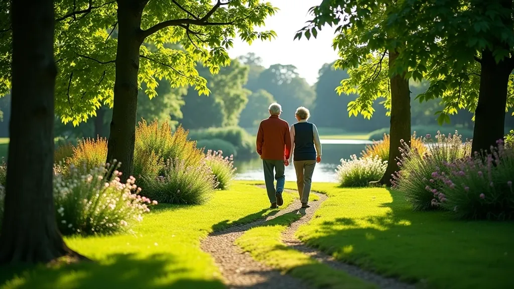 Nature walking group in peaceful garden setting