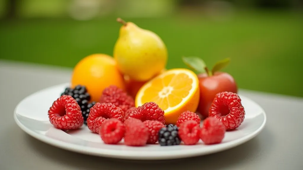 Colorful assortment of fresh fruits including berries, apples, and citrus arranged on white ceramic plate outdoors with natural daylight