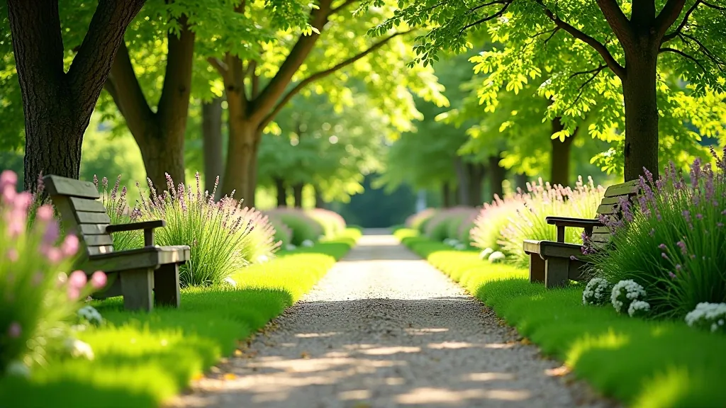 Peaceful garden pathway with flowering plants, benches, and natural walking trail through green vegetation