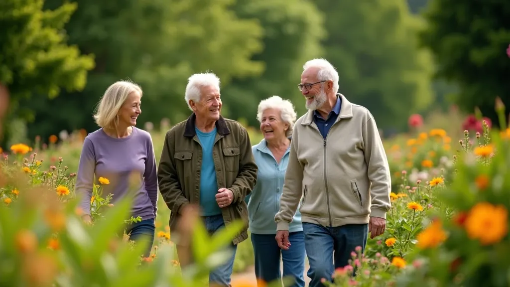 Mature adults enjoying garden walk together outdoors
