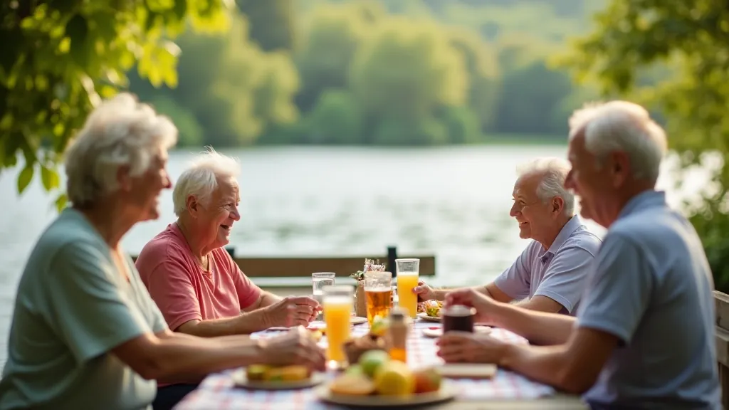 Happy seniors enjoying a lakeside picnic together in a peaceful setting