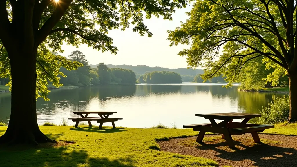 Peaceful lakeside cove with calm water, surrounding trees providing natural shade, grassy picnic area with benches