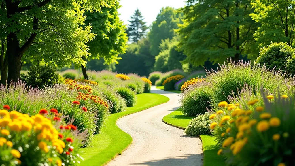Scenic garden landscape with manicured pathways, flowering beds, and walking trails through lush vegetation, peaceful outdoor setting