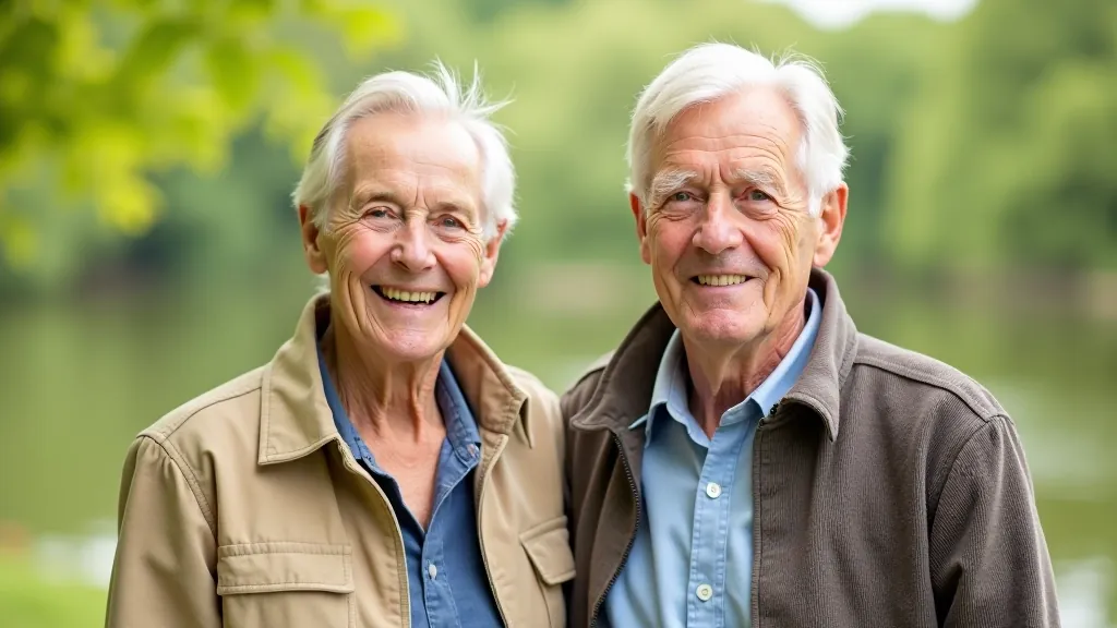 Senior couple enjoying outdoor activity together by a tree, smiling and relaxed in natural outdoor setting