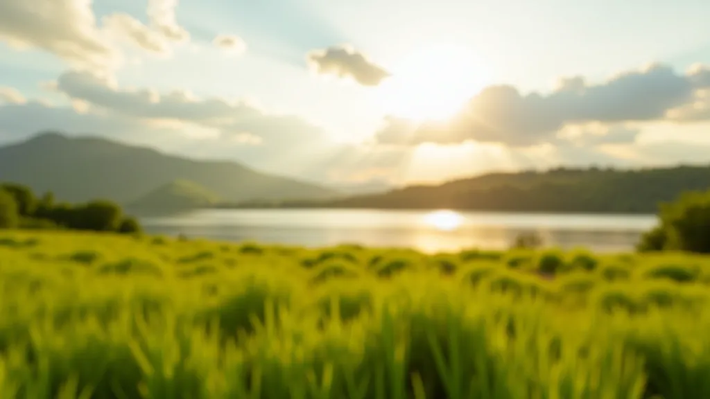 Outdoor landscape showing partly cloudy sky over green field with trees on horizon during golden hour light