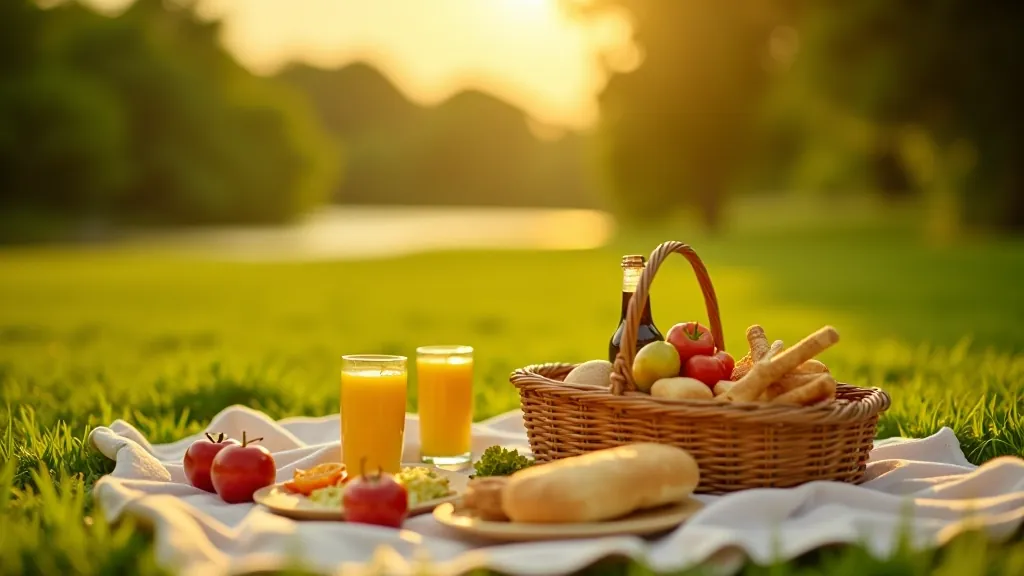 Outdoor picnic setup with blanket, basket, fresh fruits and drinks on natural grass with trees in background