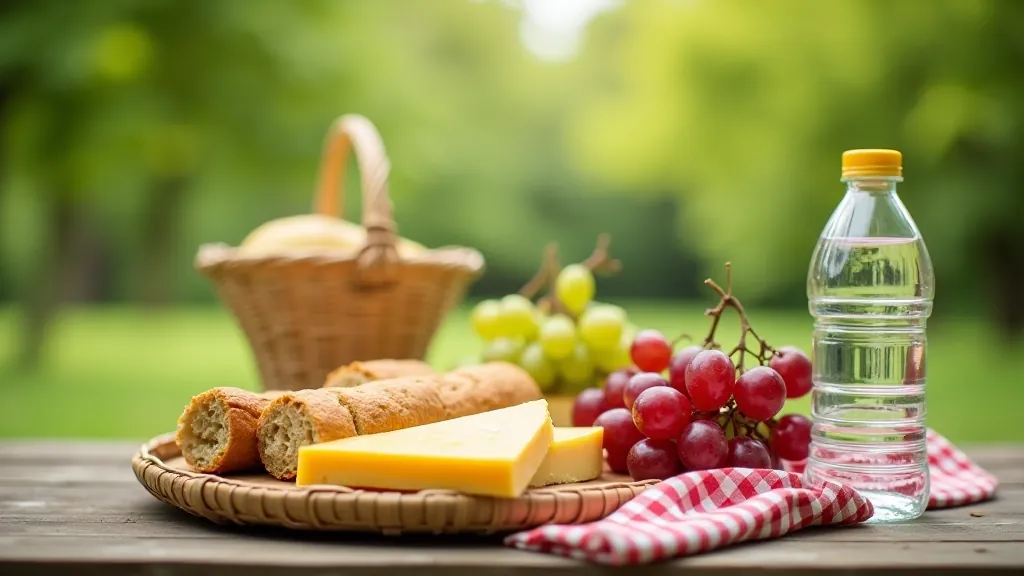 Close-up of a well-organized picnic basket with sandwiches, cheese, grapes, and bottled beverages arranged on natural wooden surface