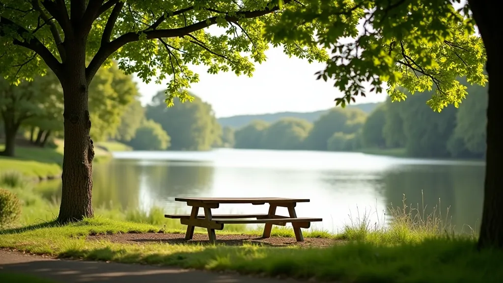 Quiet village lakeside area, small picnic spot with bench, calm water, few trees for shade, authentic rural setting