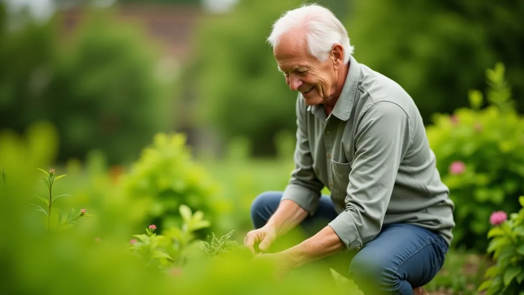 Senior person tending to a garden with flowers and plants, hands in soil, engaged in gardening activity