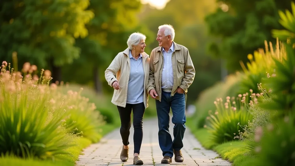 Two people walking on garden pathway together, older adults enjoying outdoor stroll, green surroundings, natural lighting, portrait perspective
